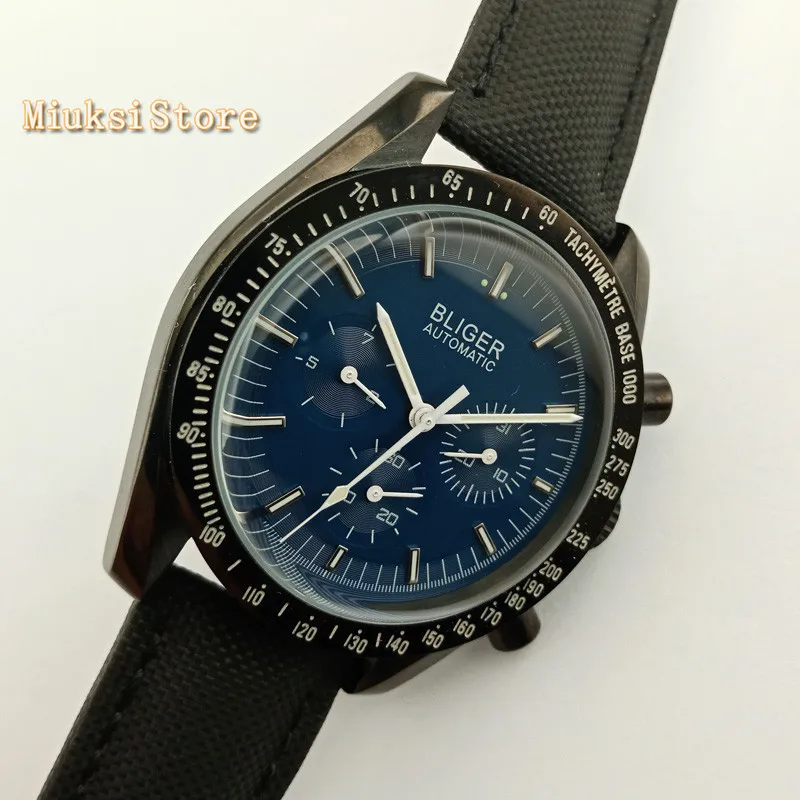 blue black border Новая мода 40 мм bliger мужской черный стерильный циферблат против царапин стекло день недели индикатор механические Автоматические Мужские механические часы - Цвет: blue black border