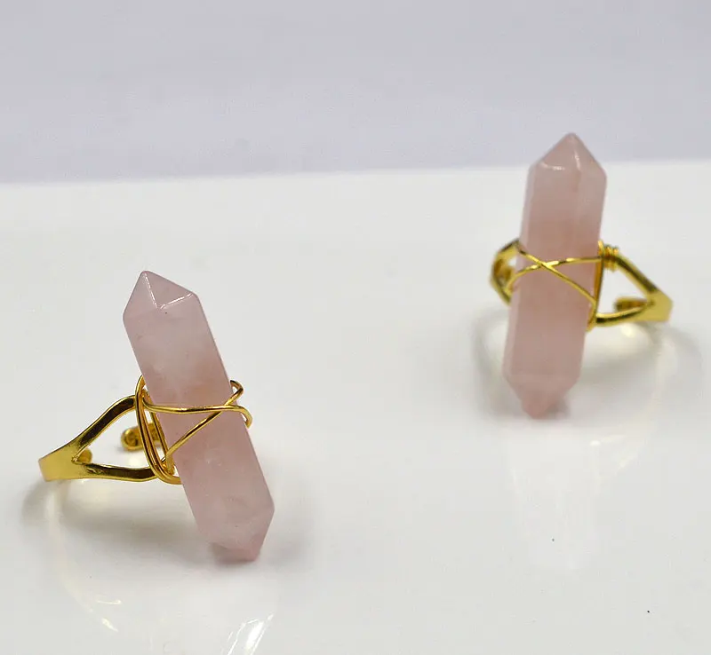 YA1909 розовый кварцевый кристалл точка Золотой провод обернутое кольцо