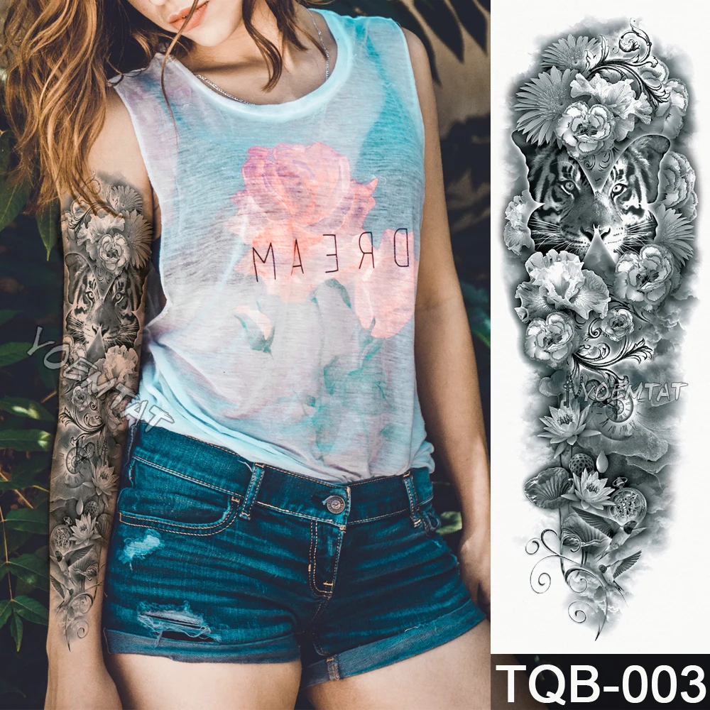 

NEW 48*17cm Full Flower Arm Tattoo Sticker Tiger Eye Roses Temporary Body paint Water Transfer fake Tatoo sleeve
