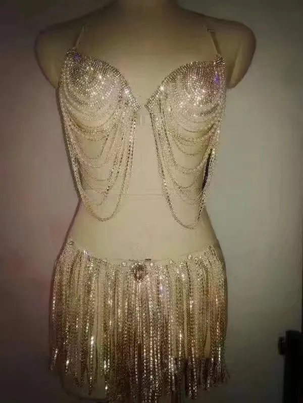 Золотые блестящие разы бикини с кисточками женский костюм бар ночной клуб DJ