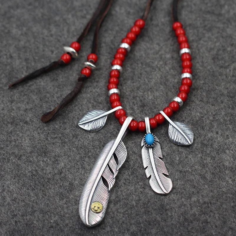 

S925 Sterling Silver Takahashi Goro Thai Silver Retro Feather Pendant Men And Women Glass Beads Buckskin Rope A Set Necklace