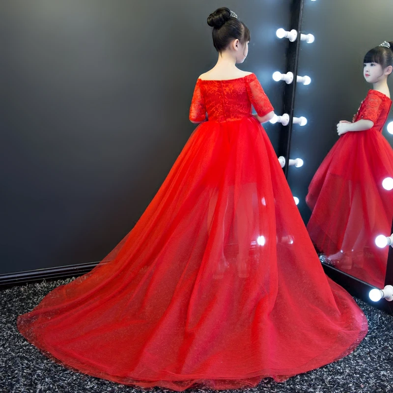 Red Royal Shoulderless Long Tailing Princess Flower Girls Dress Backless Appliques Ball Gown Kids Pageant For Wedding M44 | Детская