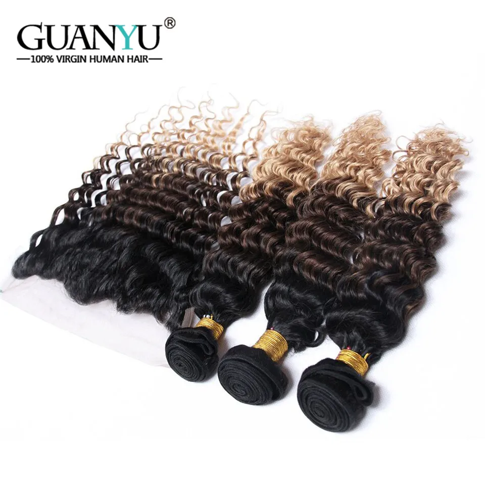 Guanyuhair 3bundles Ombre натуральные волосы с 13X4 кружева Фронтальная перуанский глубокая