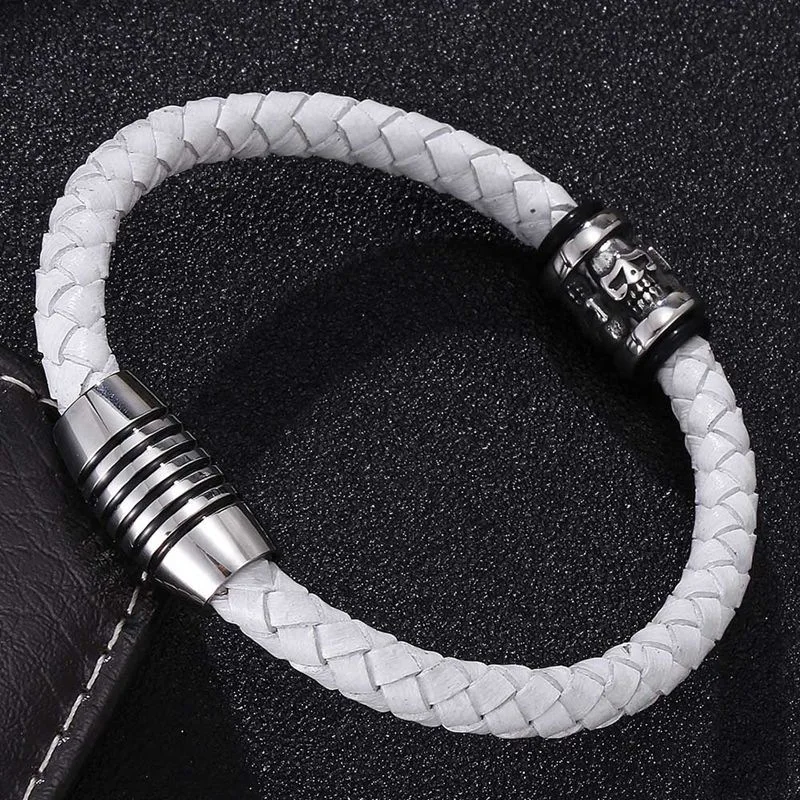 Мужской браслет с магнитной застежкой белый плетеный из натуральной кожи