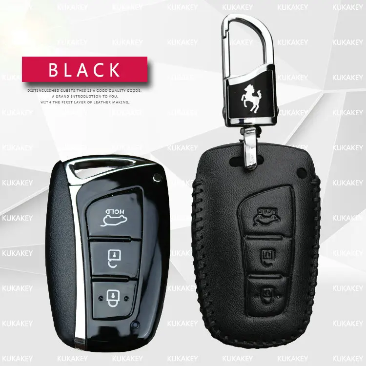 black for Hyundai Кожаный чехол для автомобильных ключей, чехол для hyundai Solaris ix35 ix45 Santa Fe 2013 Accent Elantra Grand Tucson автомобильный держатель для ключей - Название цвета: black for Hyundai