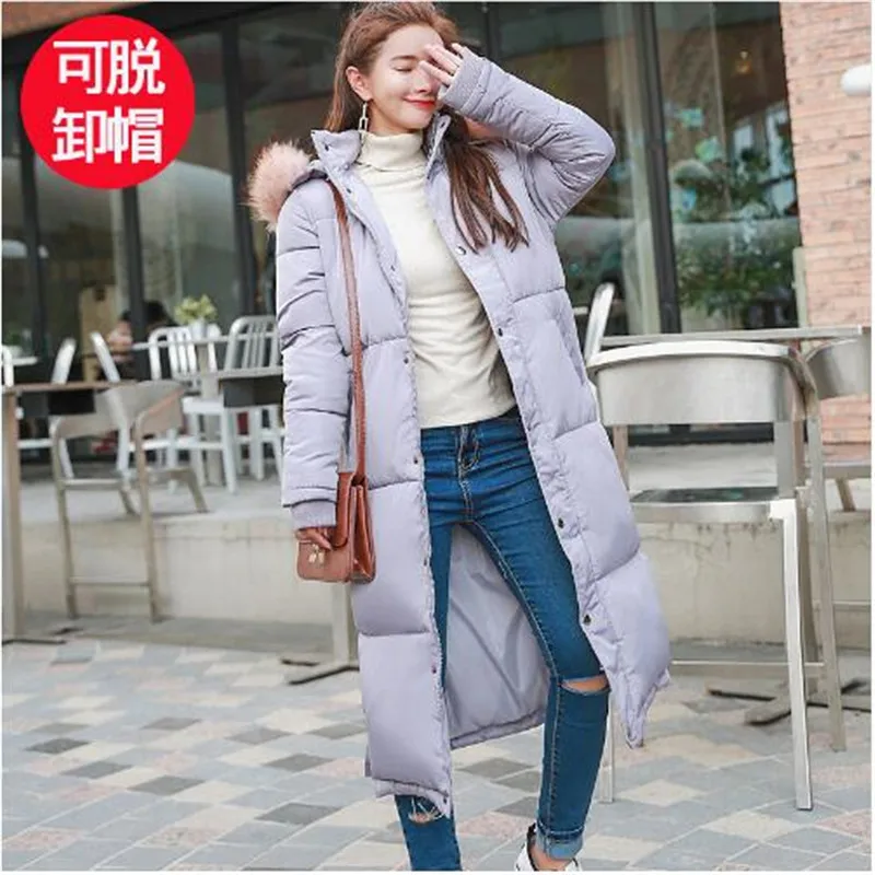 Зимнее пуховое пальто с капюшоном и меховым воротником куртка длинное толстое