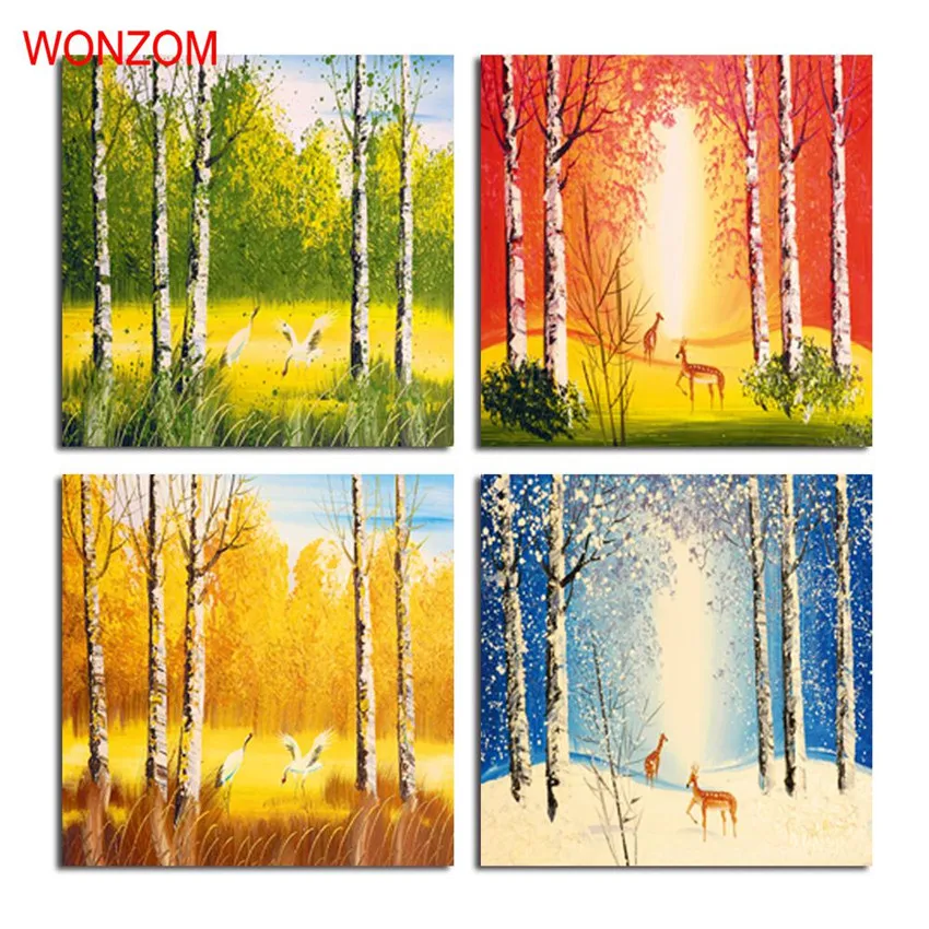 

Framed 4Pcs Four Seasons Painting Forest Canvas Art Animal Poster Retro Landscape Cuadros Decoracion Christmas Gift High Quality