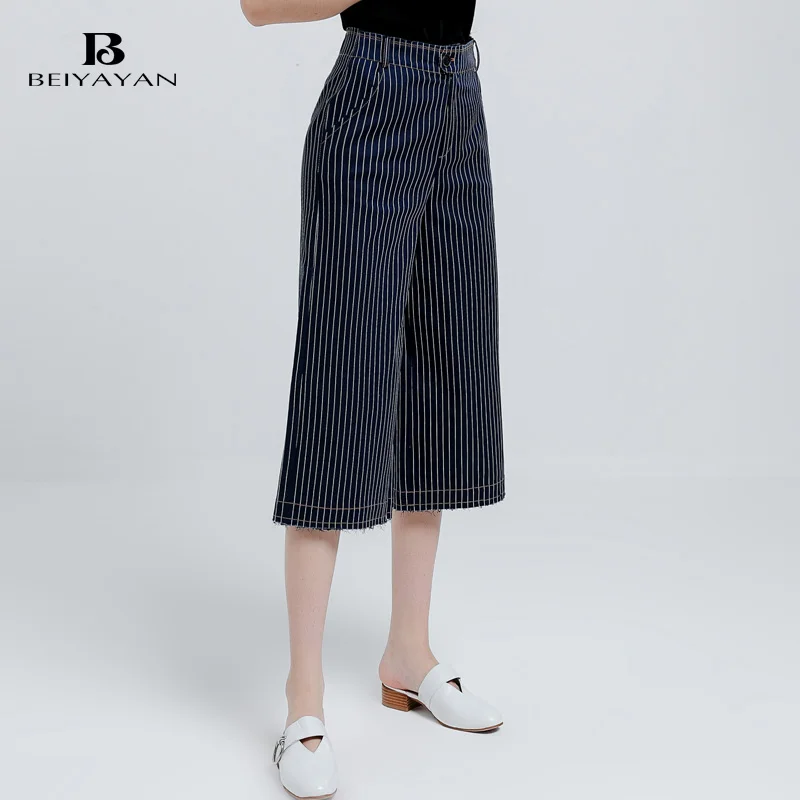 BEIYAYAN Pantalon Femme 2017 Женщин Летние Брюки С Карманами Повседневная Полосатый Капри |