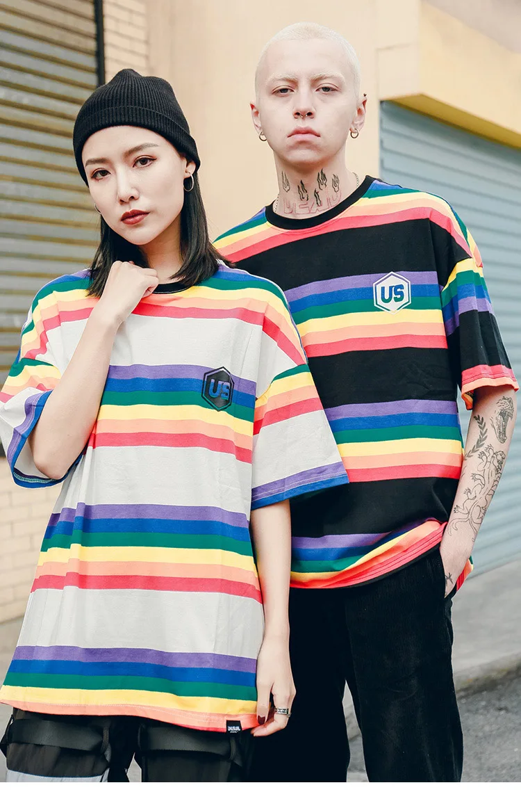 Мужская хип-хоп Футболка Harajuku Радужная полосатая футболка корейский стиль Ретро Уличная летняя хлопковая Футболка большого размера