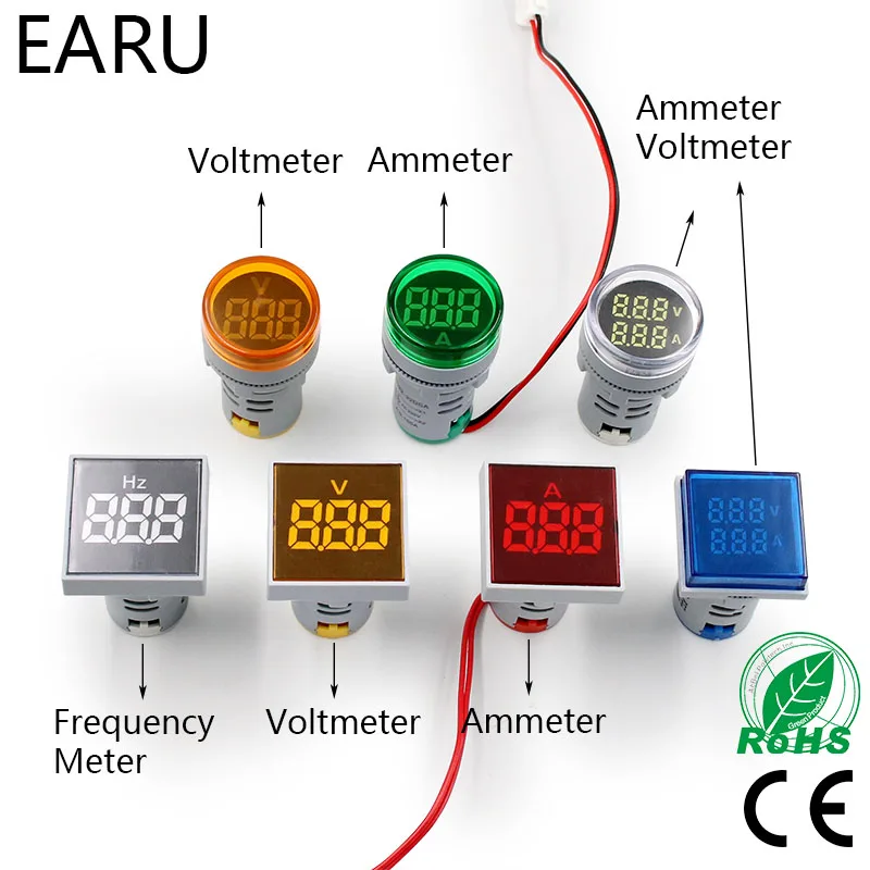 

Digital 22mm AC 12-500V Volt 0-100A 20-75HZ Voltmeter Ammeter Amp Current Hertz HZ Voltage Meter LED Indicator Lamp Pilot Light