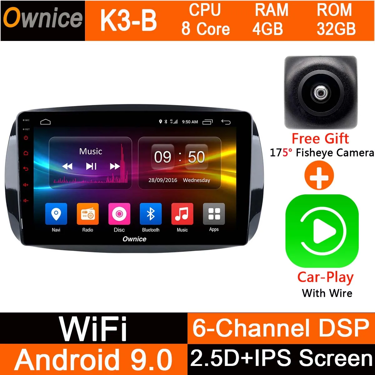 K3-B-CarPlay " ips Android 9,0 4 Гб ram+ 32 Гб rom 8 ядерный автомобильный радиоплеер для Mercedes Benz Smart Fortwo Forfour ADAS DSP CarPlay - Цвет: K3-B-CarPlay