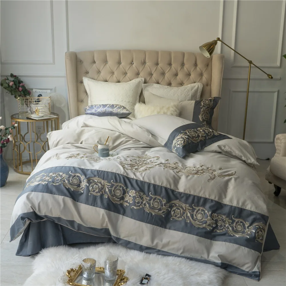 

Luxury 80S Egyptian cotton Embroidery Royal Bedding sets Blue Queen King Wedding Duvet cover Bed sheet set Pillowcases 4/6pcs