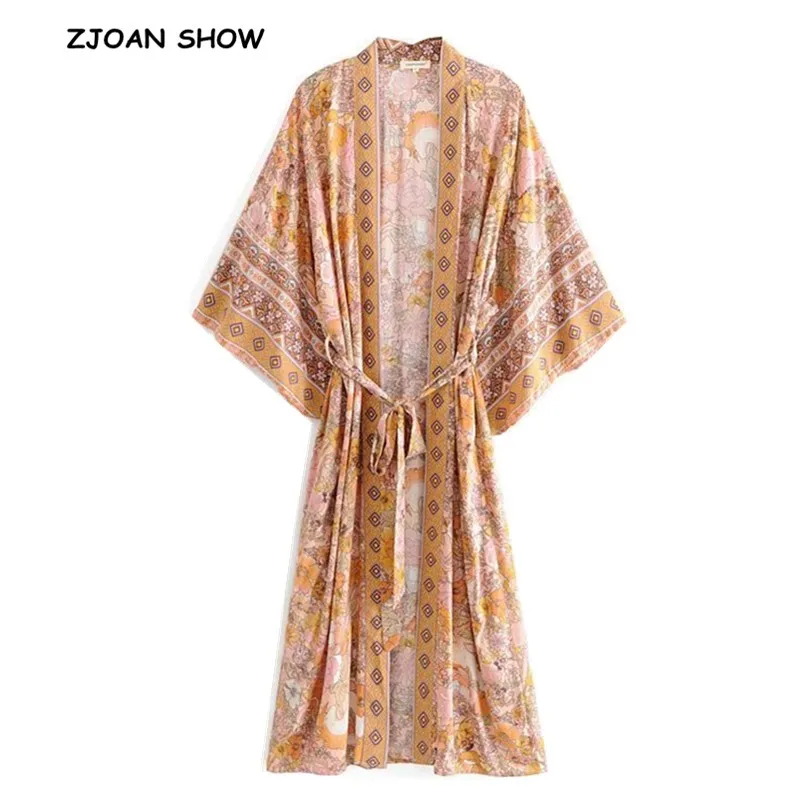 2019 Bohemian Horse Flower Print Long Kimono Shirt Ethnic New Women Lacing up Bow Sashes Cardigan Loose Blouse Holiday Tops | Женская