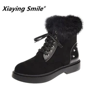 xiaying smile women ankle boots cold season keep warm cotton fabric short solid martin boots fashion rivetfaux fur women shoes