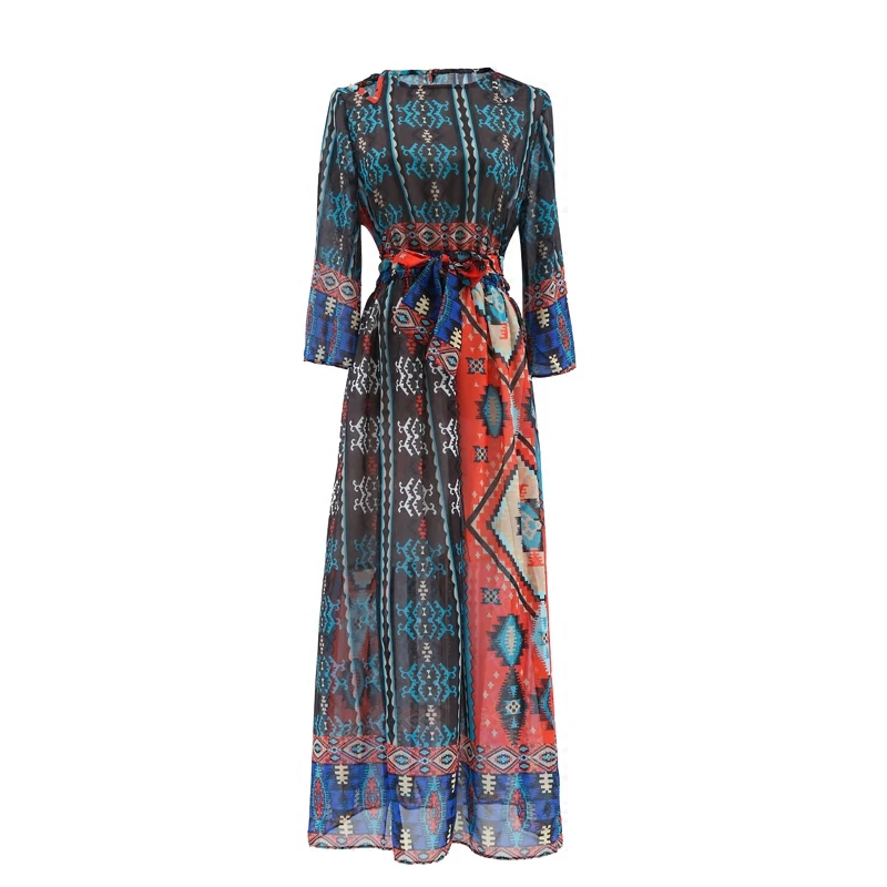 

2018 Summer Women dresses O neck Bohimian Print Chiffon Long Swing Hem Tunic Vestidos