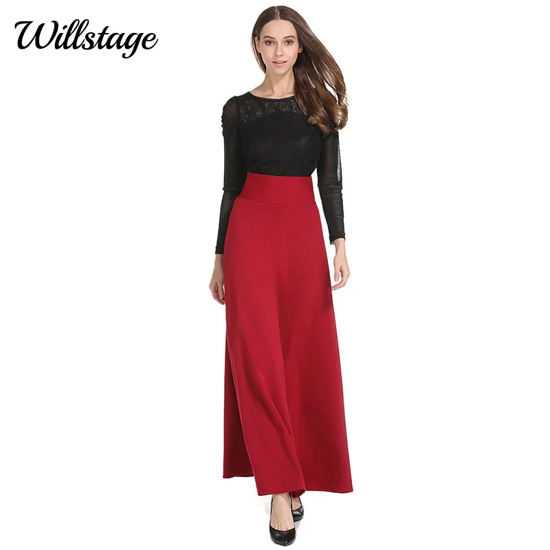 

Willstage Long Skirts Plus size 5XL Women Solid Black Red Pleated High Waist Vintage Elegant Party Skirts 2018 Autumn OL Work