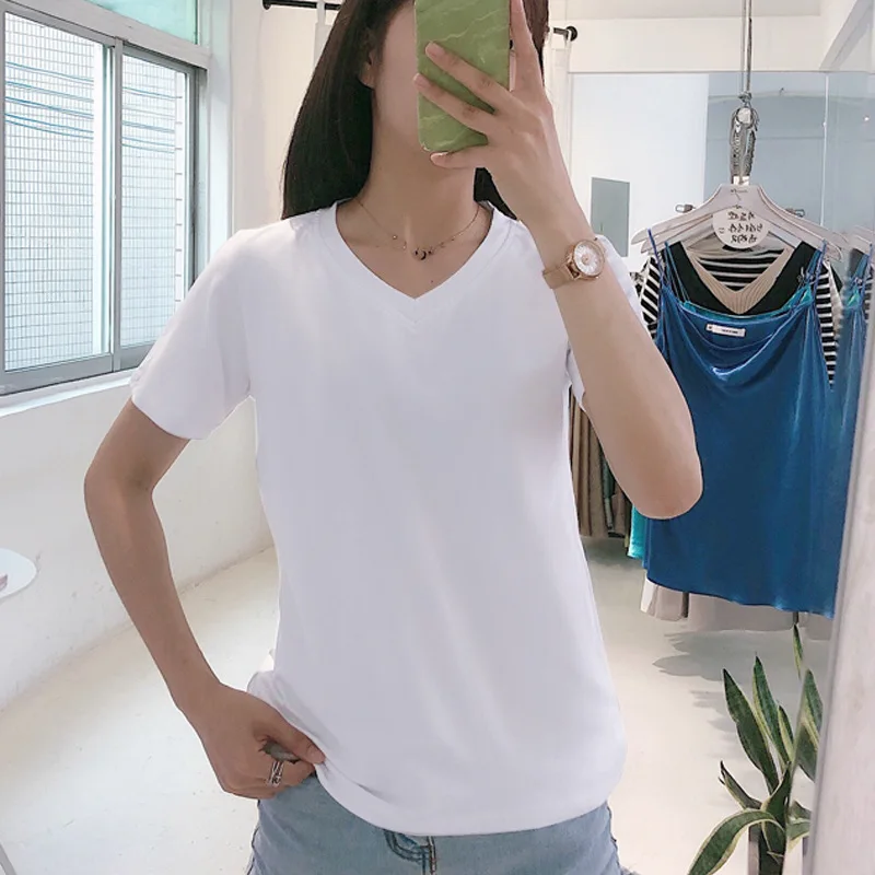 Женская хлопковая футболка с коротким рукавом однотонная черно белая свободная V