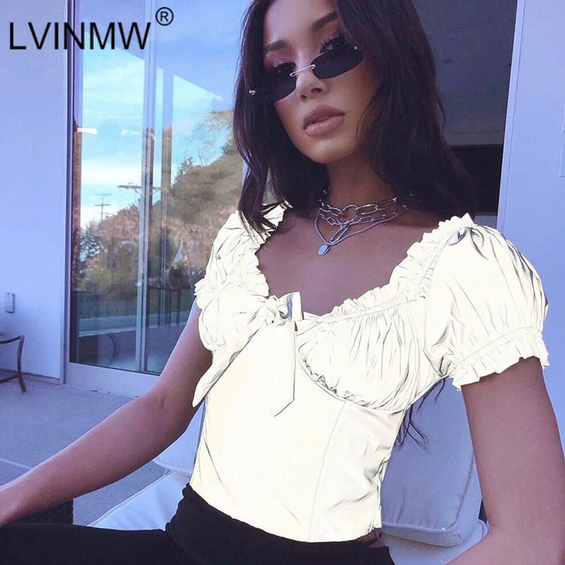 Женская футболка LVINMW со светоотражающим бантом и рукавами фонариками