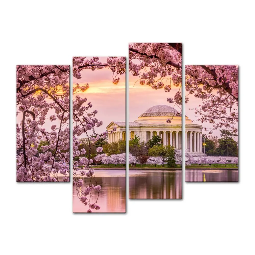 Картина на холсте с принтом 4 шт. Washington Dc Tidal Basin и Jefferson Memorial Cherry Blossom Весенняя