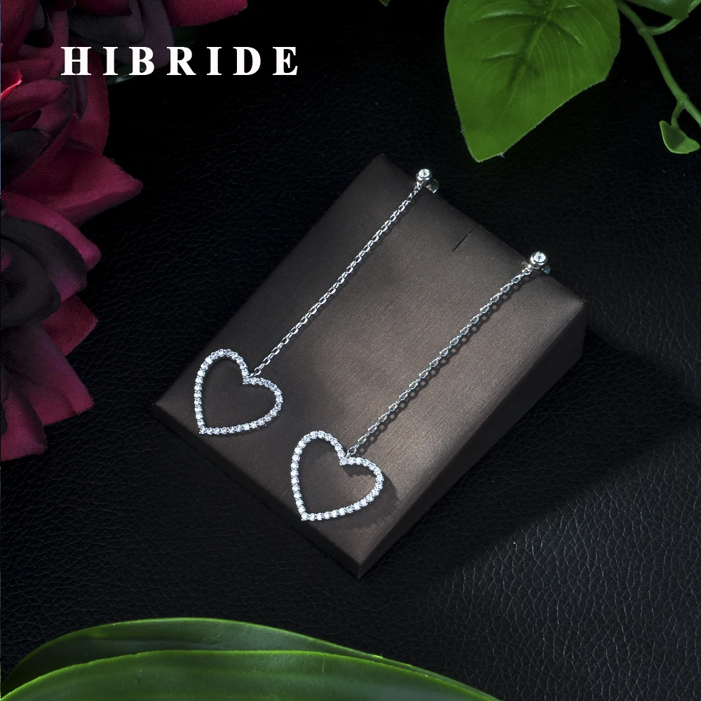 

HIBRIDE Cute Big Heart Shape Flower 2019 New Design CZ Crystal Large White Bridal Long Dangle Earrings for Women Wedding E-255