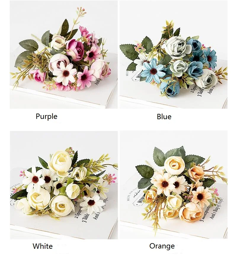 Fake Tea Rose Silk Flower Fall Gerbera Daisy Artificial Plastic Flower Pearl Bouquet For Wedding DIY Party Home Room Decoration