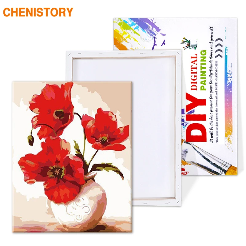 CHENISTORY красный цветок DIY Цифровая фотораскраска по номерам с деревянной рамкой