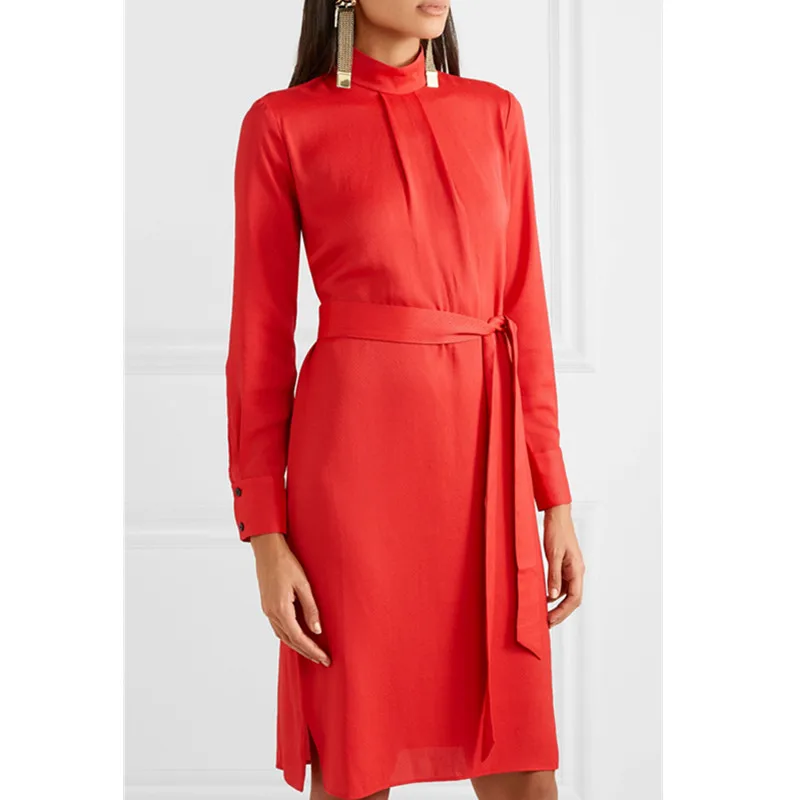 Женское шифоновое платье с поясом красное плиссированное длинным рукавом