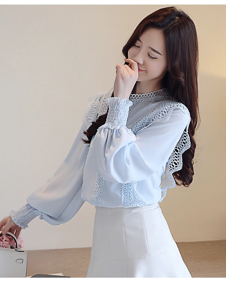 Blusas mujer de moda белая открытая кружевная шифоновая блузка рубашка с рукавом длинным Женские топы и блузки рубашка женская одежда 1448 45