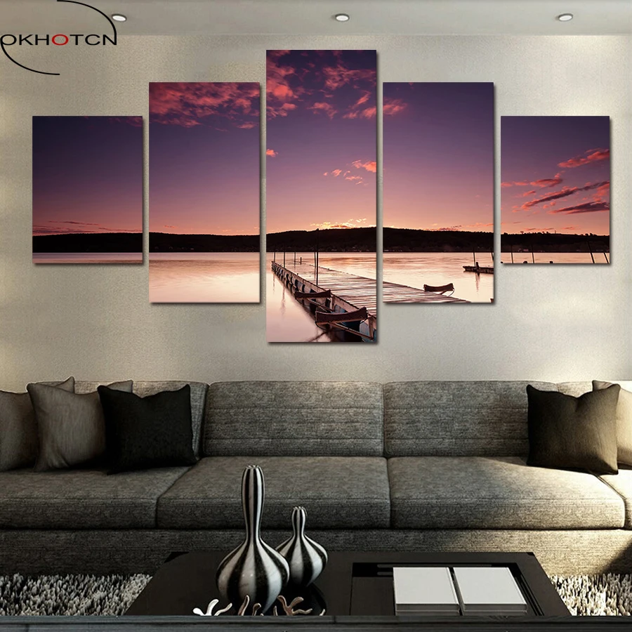 

OKHOTCN 5 Panels Modern HD Printed Dusk Landscape Painting Wall Art Picture Canvas Art Seascape Painting For Living Room Framed
