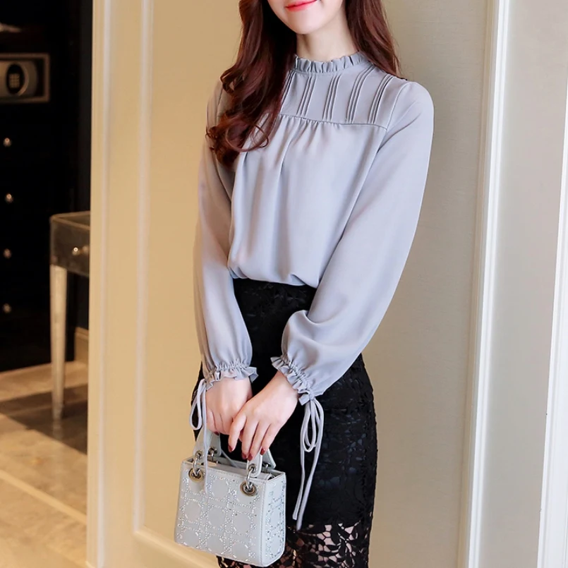Stand Collar Fashion Shirt Female Chiffon Blouses Elegant Women Clothing Long Sleeves Ladies Tops Loose Shirts |
