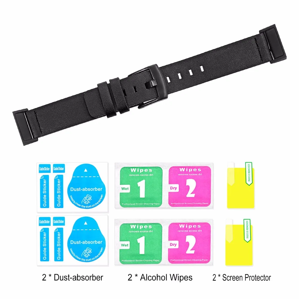 

Genuine Leather Watchband + 2 Screen Protector Kit for Fitbit Charge 3 / Charge 3 SE Watch Band Sport Strap Steel Clasp Bracelet