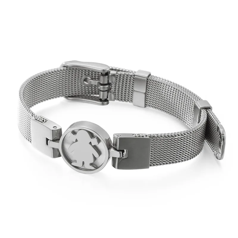 Модные женские и мужские браслеты из сетчатой проволоки цвета розового золота из нержавеющей стали с пряжкой ремешка часов с медвежонком для девочек.