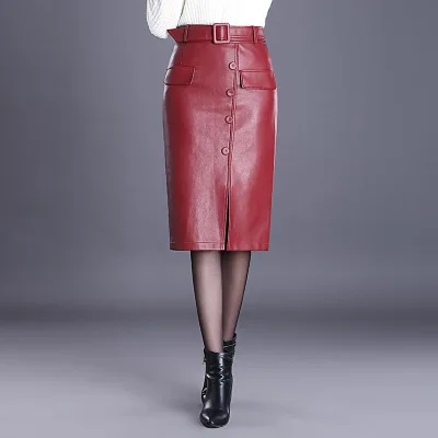 Falda cuero, облегающая женская юбка,, большой размер, 4XL, кожаная юбка, красная, черная, высокая талия, элегантная юбка-карандаш, Женская рабочая одежда