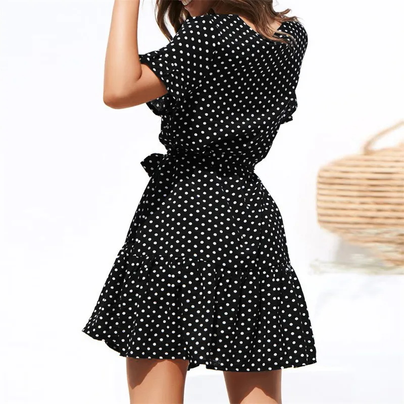 

Sexy Chiffon Beach Summer Dress Women V Neck Butterfly Short Sleeve Dress Casual Dot Dress With Belt Vestidos Plus Size 3XL