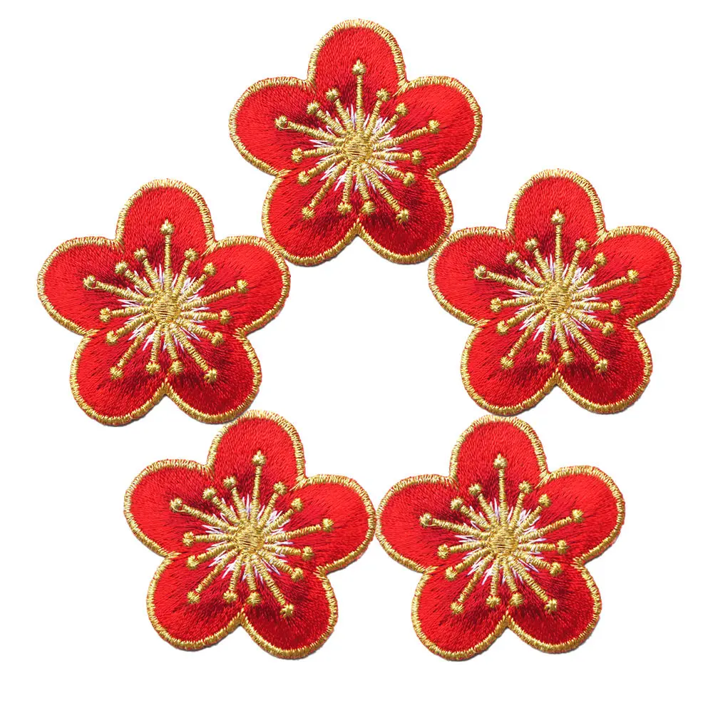 

5PCS Red Plum Blossom Flowers Gradient Color Embroidered Patches Sew Iron On Badges For Clothes DIY Appliques Decoration