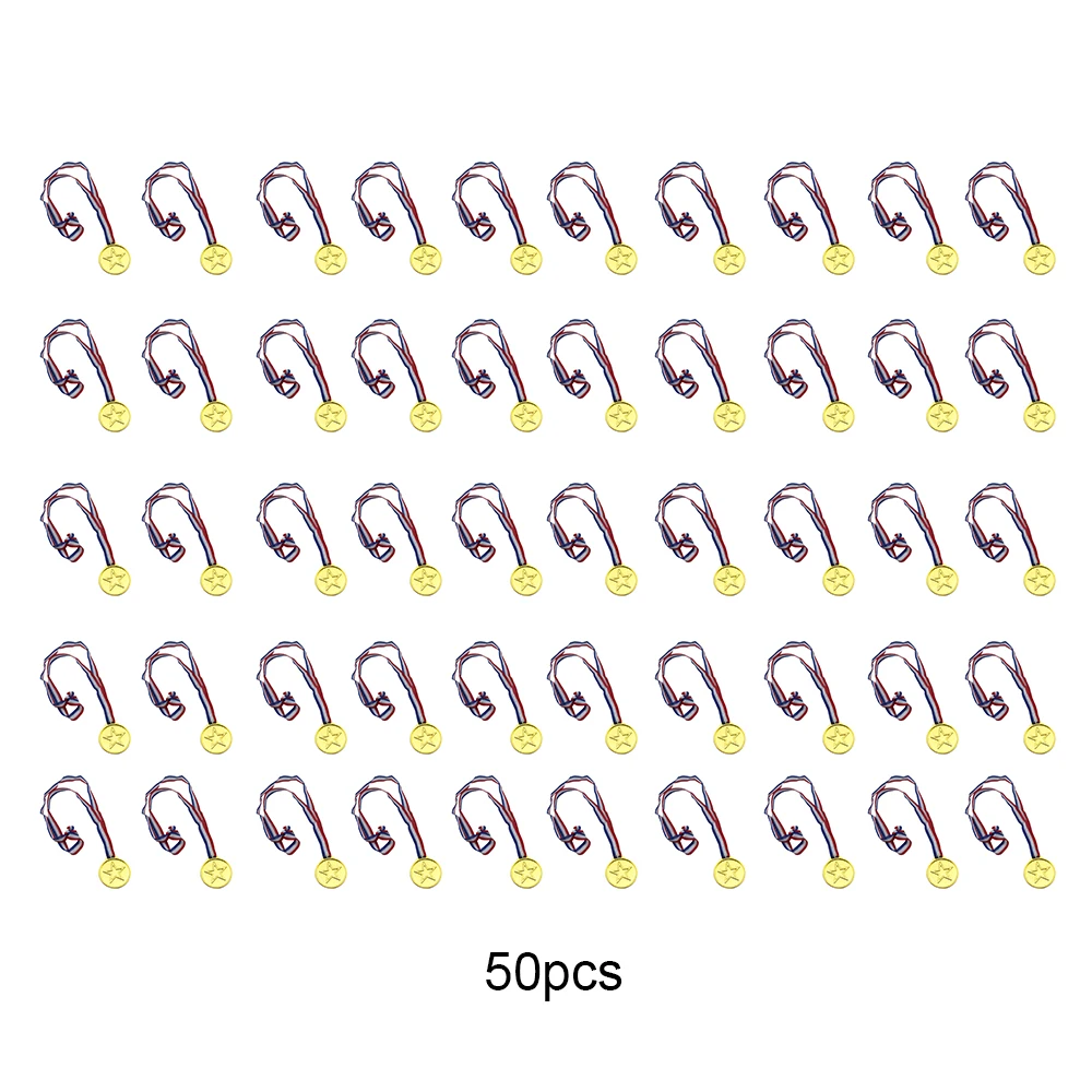 50pcs 50 шт./компл., Детские золотые пластмассовые медали, медали, вечерние спортивные сумки, призовые игрушки для детской вечеринки, забавные принадлежности высокого качества - Цвет: 50pcs