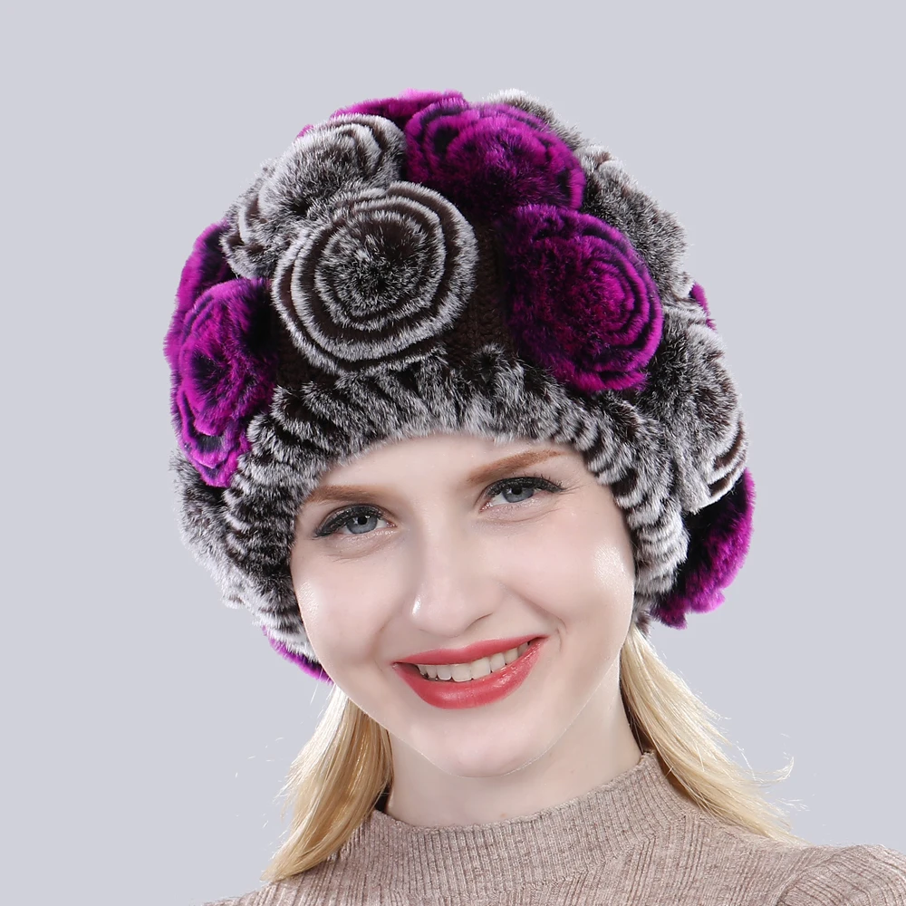 Русские женщины цветочный Настоящий мех кролика шапка зимняя теплая для девочек