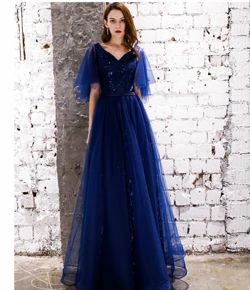 SSYFashion/Новое темно-синее вечернее платье De Soiree простое с v-образным вырезом в пол