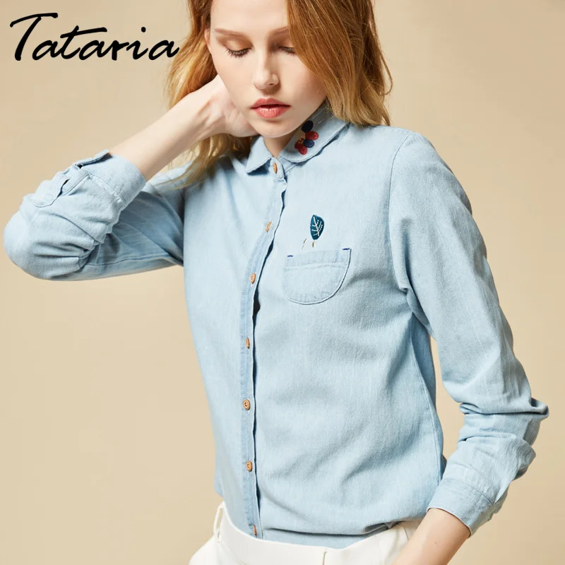 Женская джинсовая рубашка с длинным рукавом вышивкой|denim shirt women|women shirtsshirt women |