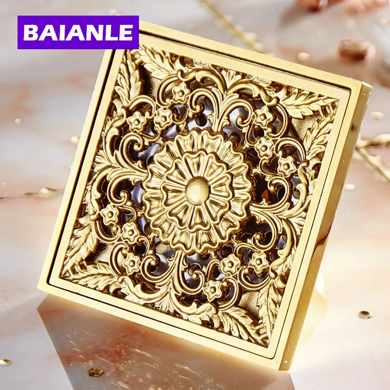 

Free Shipping Bathroom Balcony Copper Deodorant Square Floor Drain catcher Strainer Cover Sink Grate Waste Gold Color