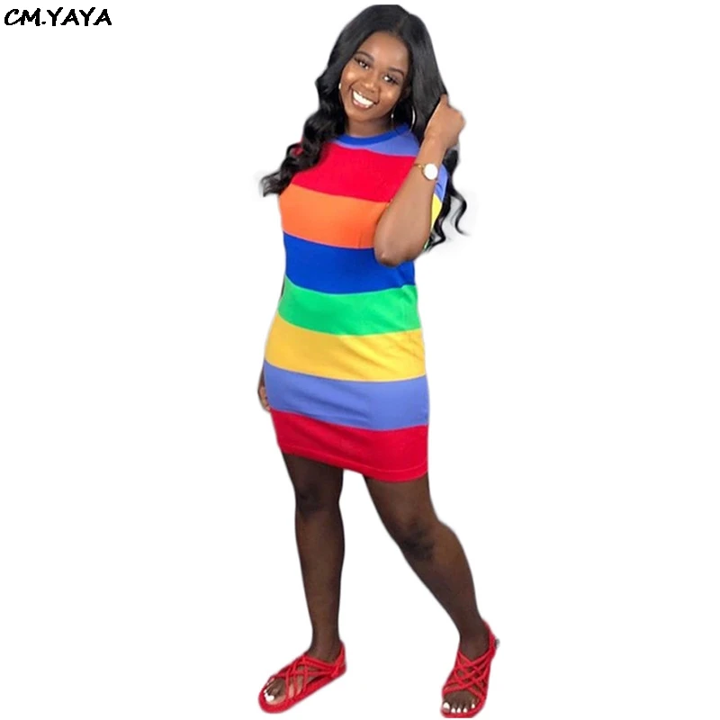 2019 new women summer colorful stripes o-neck short sleeve above knee mini dress fashion classic casual dresses GLLBXZ6140 | Женская
