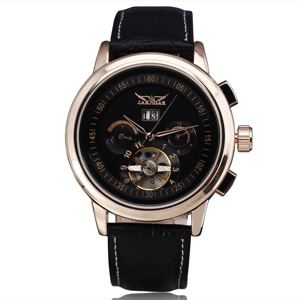 

New Fashion Jaragar Mechanical Watches Men Luxury Brand Tourbillon Automatic Calendar Week Dial Leather Strap Dress Wristwatch
