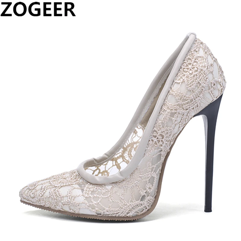 Туфли женские на высоком каблуке 12 см пикантные модные туфли лодочки с кружевом