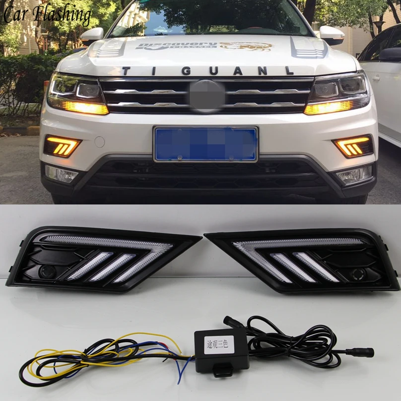 2 шт. автомобильный светильник для Volkswagen VW Tiguan 2017 2018 2019 DRL Дневной с желтым