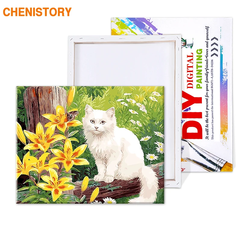 Chenistory Безрамная белая кошка животное DIY картина по номеру Современная Настенная картина Картина с каллиграфией для домашнего декора 40x50 см