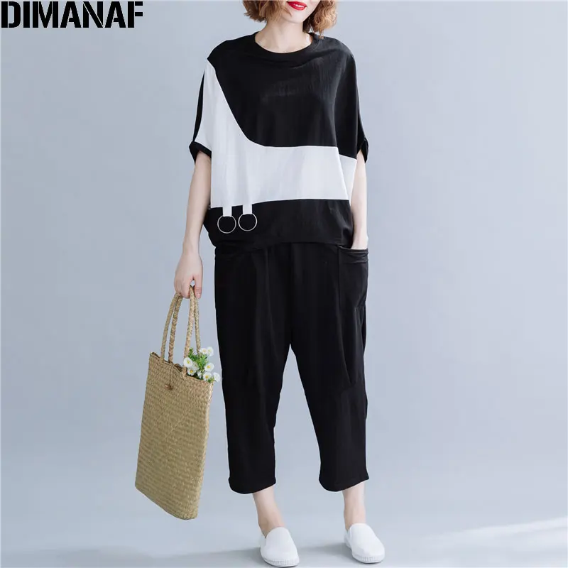 Wen99620CN-bai DIMANAF, женская летняя футболка размера плюс, рукав летучая мышь, хлопок, пэтчворк, красный, черный, женская мода, повседневные топы, туника с круглым вырезом, футболка - Цвет: Wen99620CN-bai