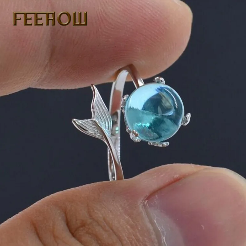 FEEHOW модные милые голубые кристаллы Открытые Кольца рыбий хвост Русалка