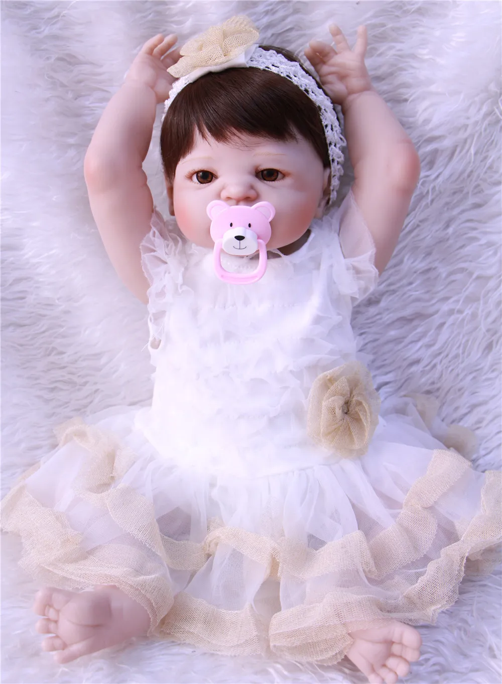 

Real 57CM Full Silicone Body Girl Reborn Doll brown hair Alive Baby Bath Toys Lifelike Princess Toddler Fashion Doll Bebe Reborn