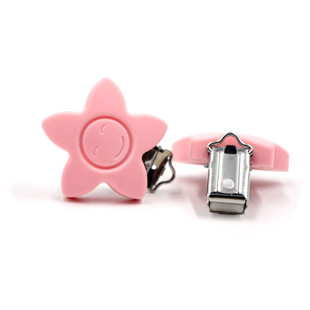 Candy Pink 3 шт. без БФА, силиконовый цветок улыбка лицо кольцо для соски Прорезыватель зажимы из нержавеющей стали DIY звезда ребенок уход игрушка клип пустышка держатель - Цвет: Candy Pink