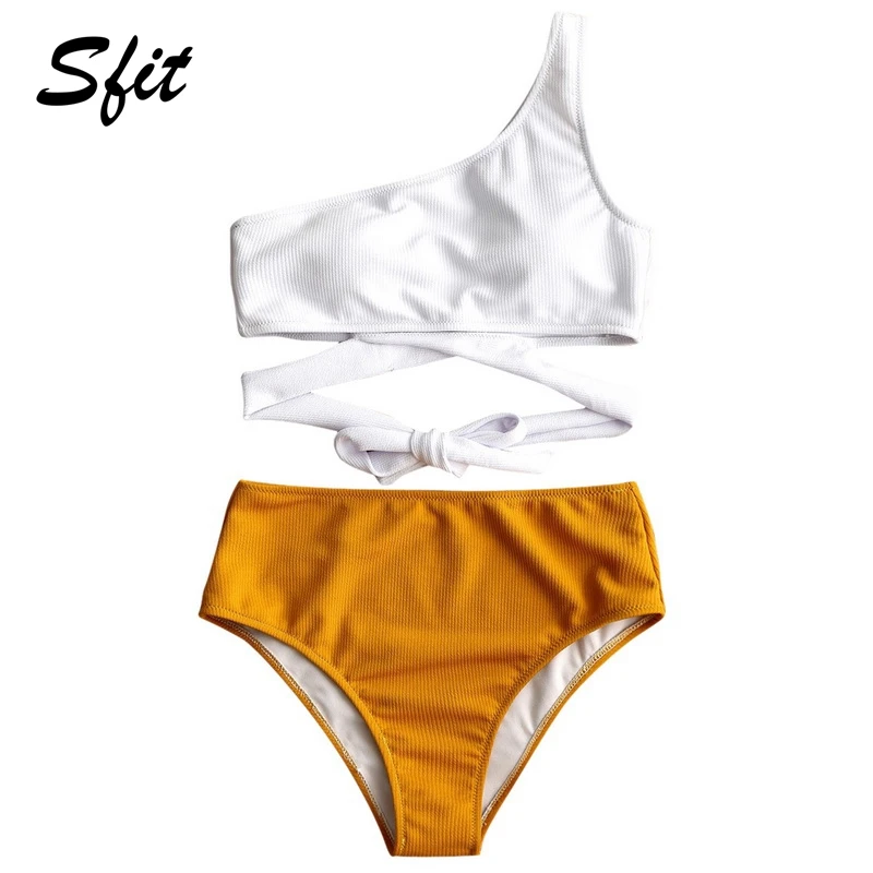 Sfit летний женский комплект бикини на плече два тона высокая талия Завязывающийся